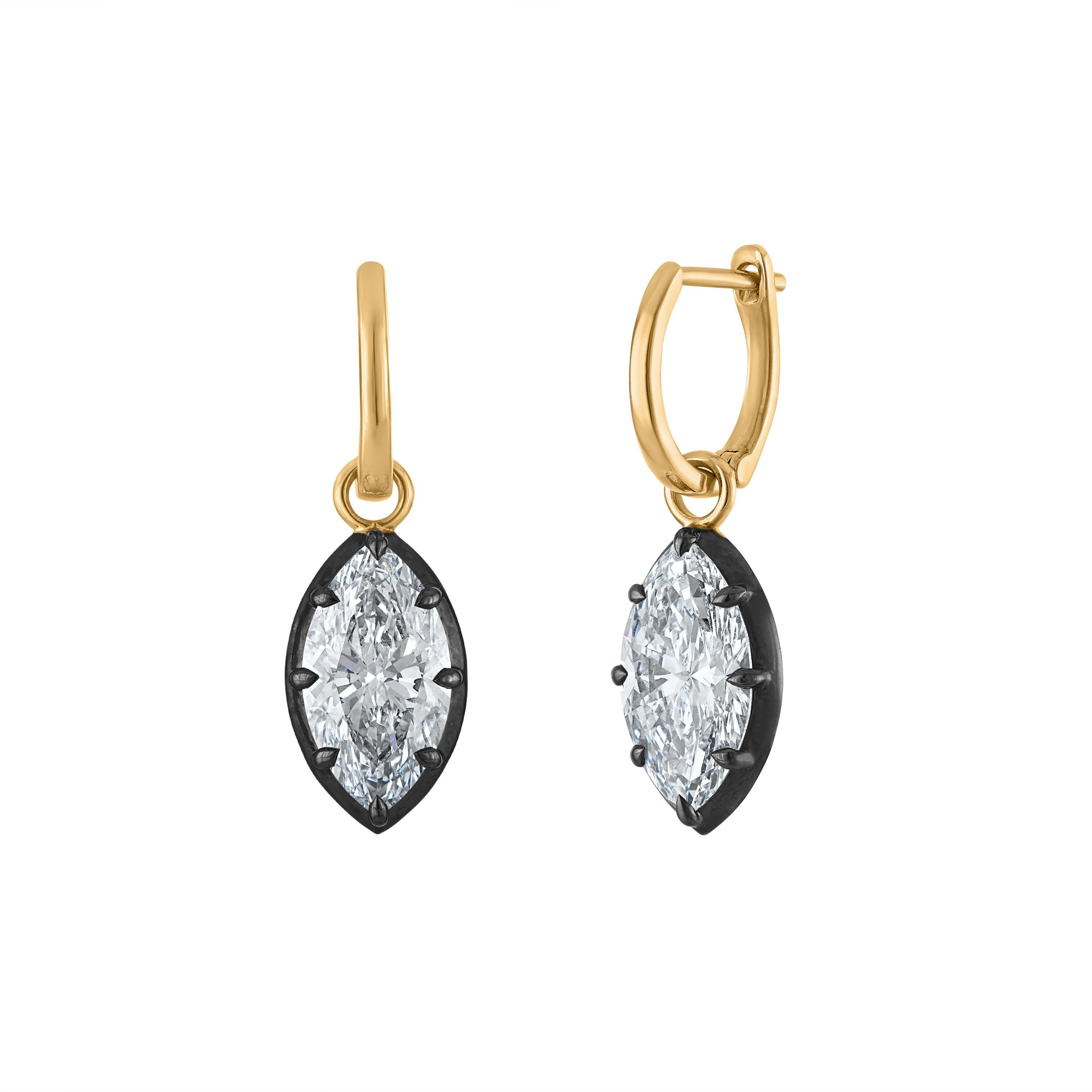 Black Button Backed Marquise Drop Earrings - 4 Carats