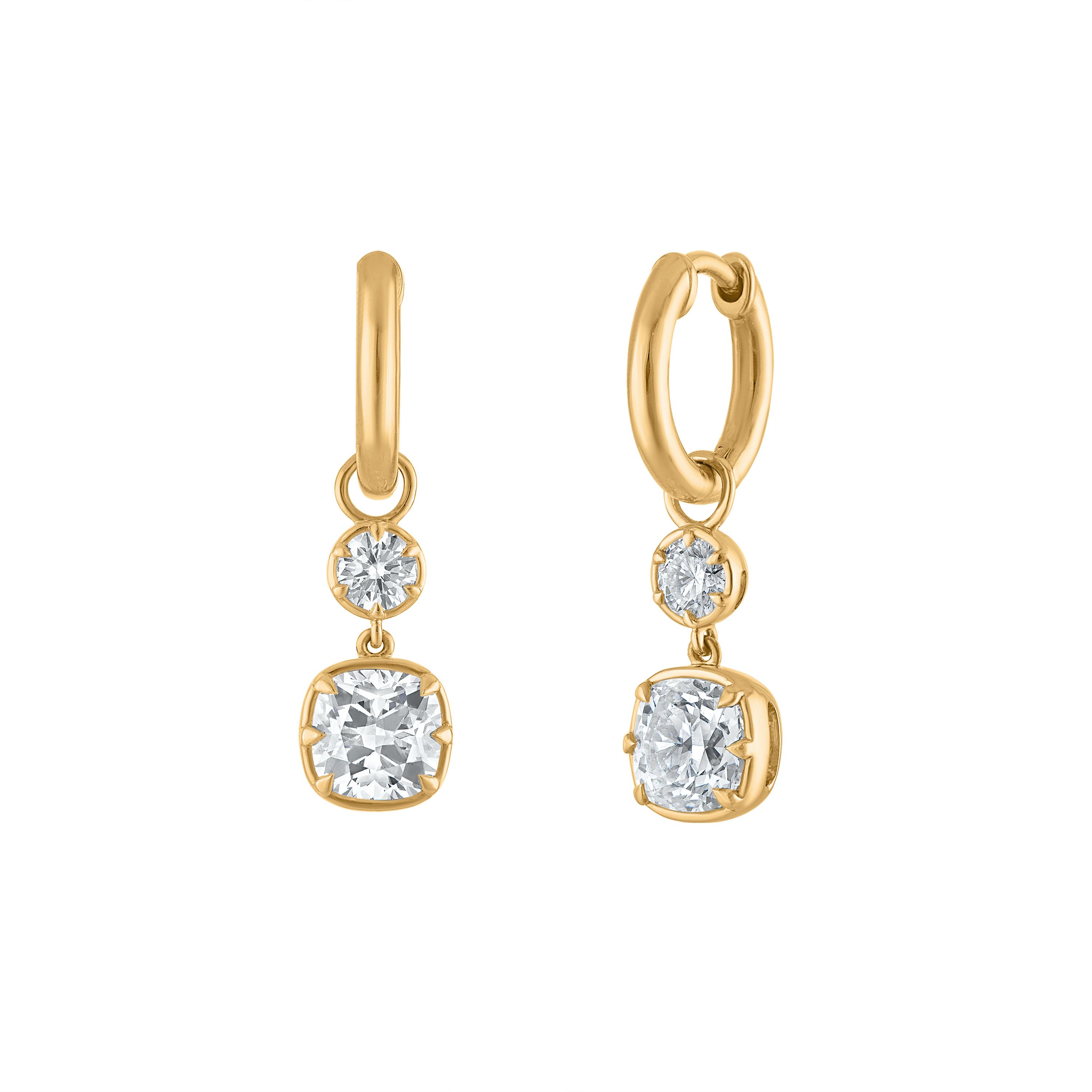 Two Stone, Round and Cushion Drop Earrings - 3 Carats